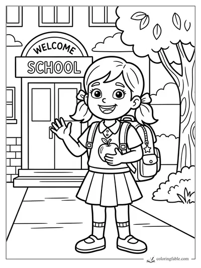 Girl with pigtails waves outside a school entrance, holding an apple and wearing a backpack.
