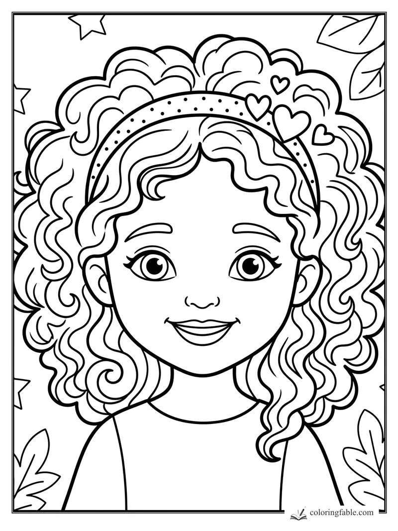 Smiling curly-haired girl with a dotted headband, heart charms, stars, and leafy corners coloring page
