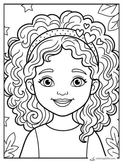 Smiling curly-haired girl with a dotted headband, heart charms, stars, and leafy corners coloring page