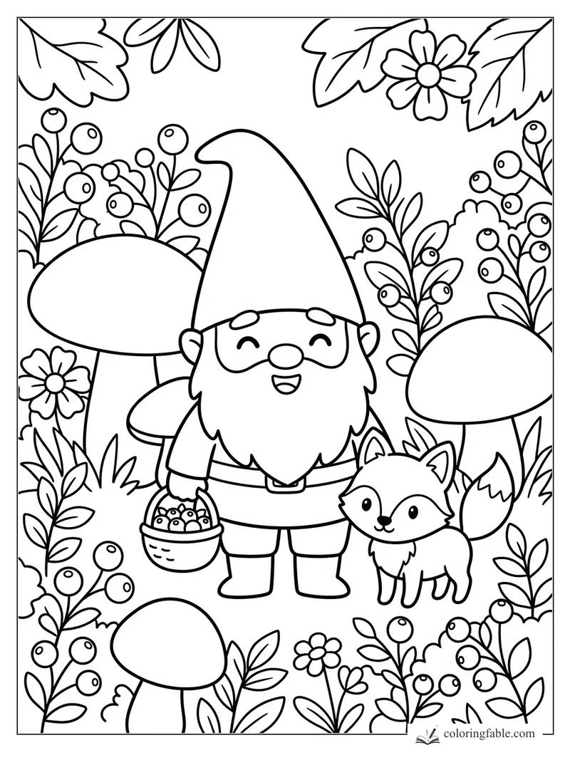 Kawaii gnome with a basket of berries beside a fox, mushrooms, leaves, and flowers in a forest scene