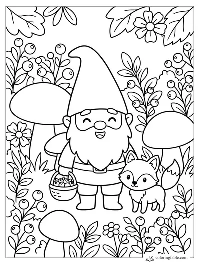 Kawaii gnome with a basket of berries beside a fox, mushrooms, leaves, and flowers in a forest scene