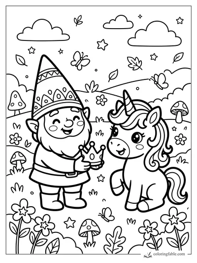 Kawaii gnome holding a crown beside a smiling unicorn in a meadow with mushrooms, flowers, clouds, and stars