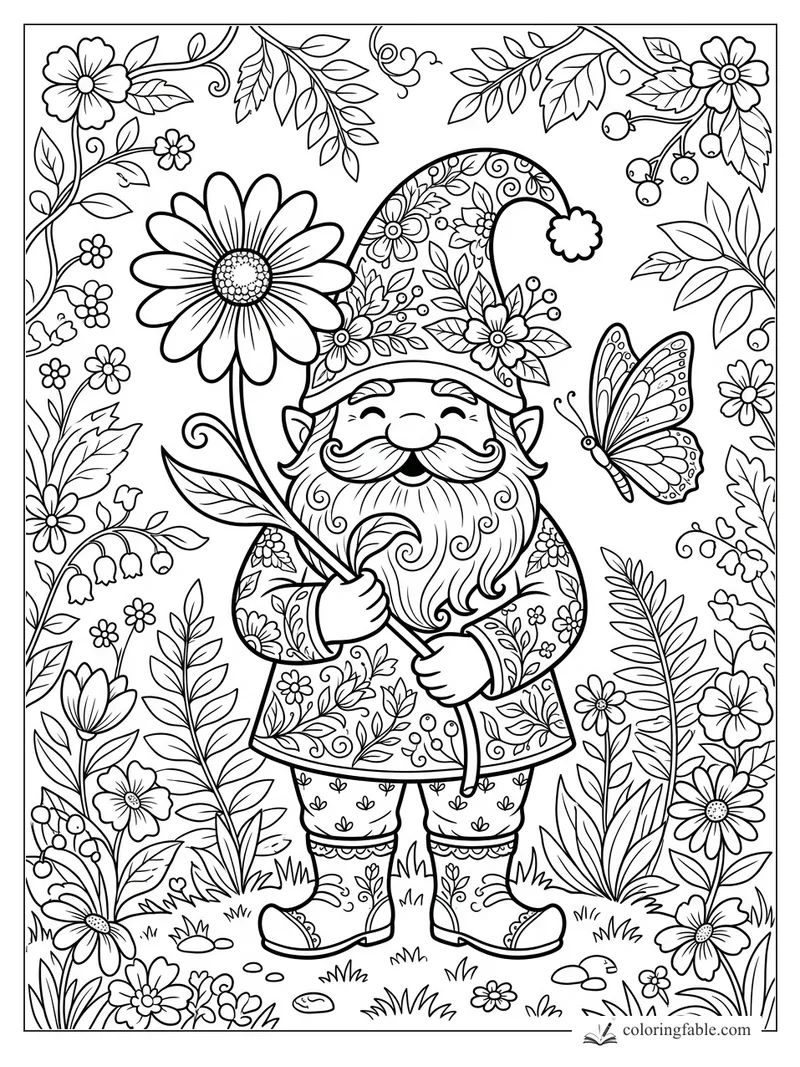 Floral gnome holding a giant daisy, with a butterfly, leafy vines, berries, and garden flowers