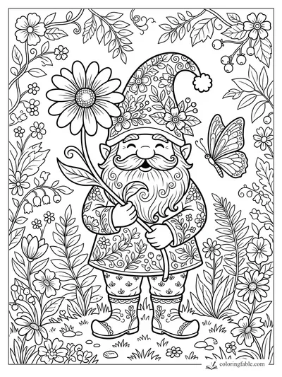 Floral gnome holding a giant daisy, with a butterfly, leafy vines, berries, and garden flowers