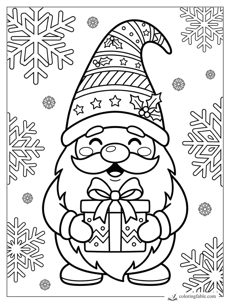 Cartoon gnome holding a bow-tied present, with a tall patterned hat and large snowflakes around him.