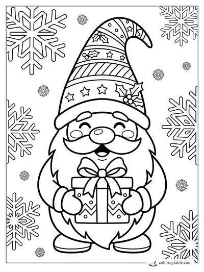 Cartoon gnome holding a bow-tied present, with a tall patterned hat and large snowflakes around him.