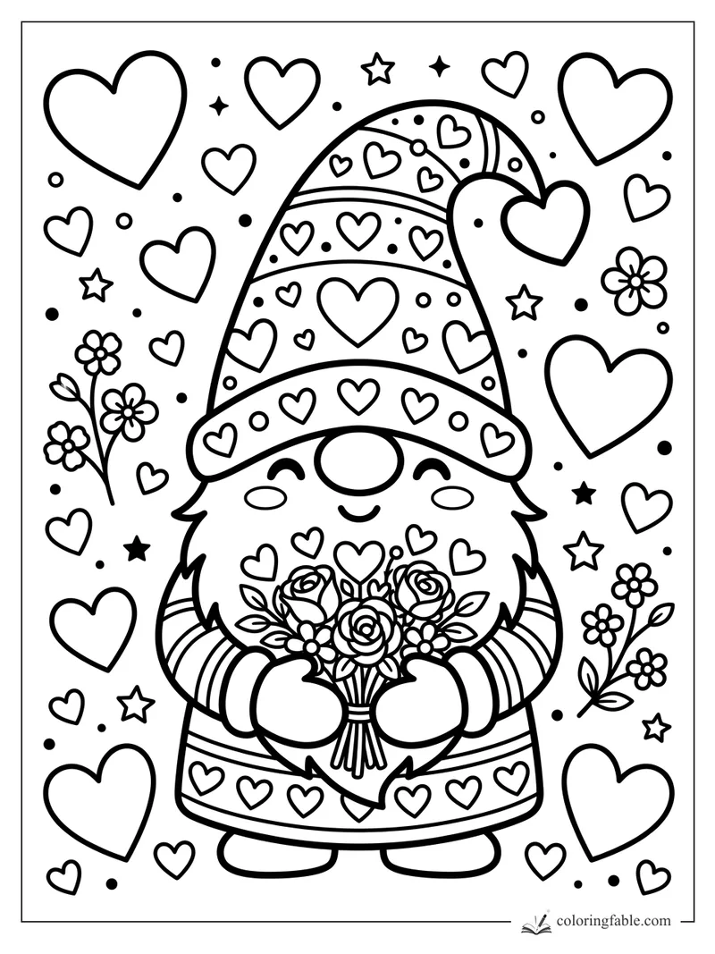 Kawaii gnome holding roses, wearing a heart-patterned hat, surrounded by hearts, stars, and flowers.