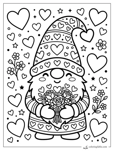 Kawaii gnome holding roses, wearing a heart-patterned hat, surrounded by hearts, stars, and flowers.