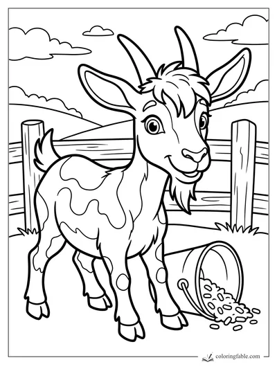 Cartoon goat with horns and beard by a wooden fence, spilled feed bucket, hills, and clouds coloring page