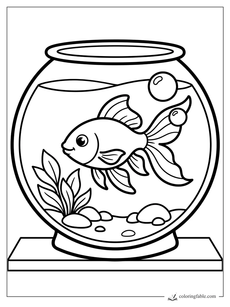 Smiling goldfish in a round fishbowl with bubbles, water plants, pebbles, and a stand.