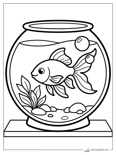 Smiling goldfish in a round fishbowl with bubbles, water plants, pebbles, and a stand.