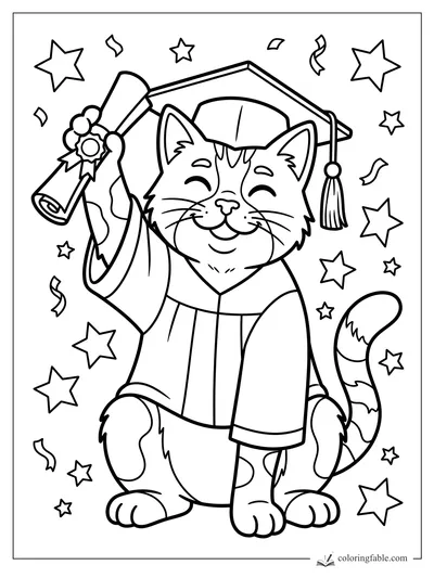 Smiling cat in graduation cap and gown holding a diploma, surrounded by stars and confetti