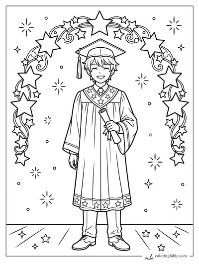 Anime graduate holding a diploma beneath a swirling arch of stars and sparkles