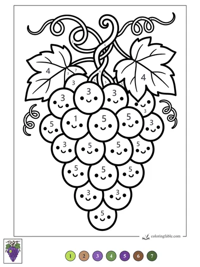 Smiling Grape Bunch with Curly Vines — color by number
