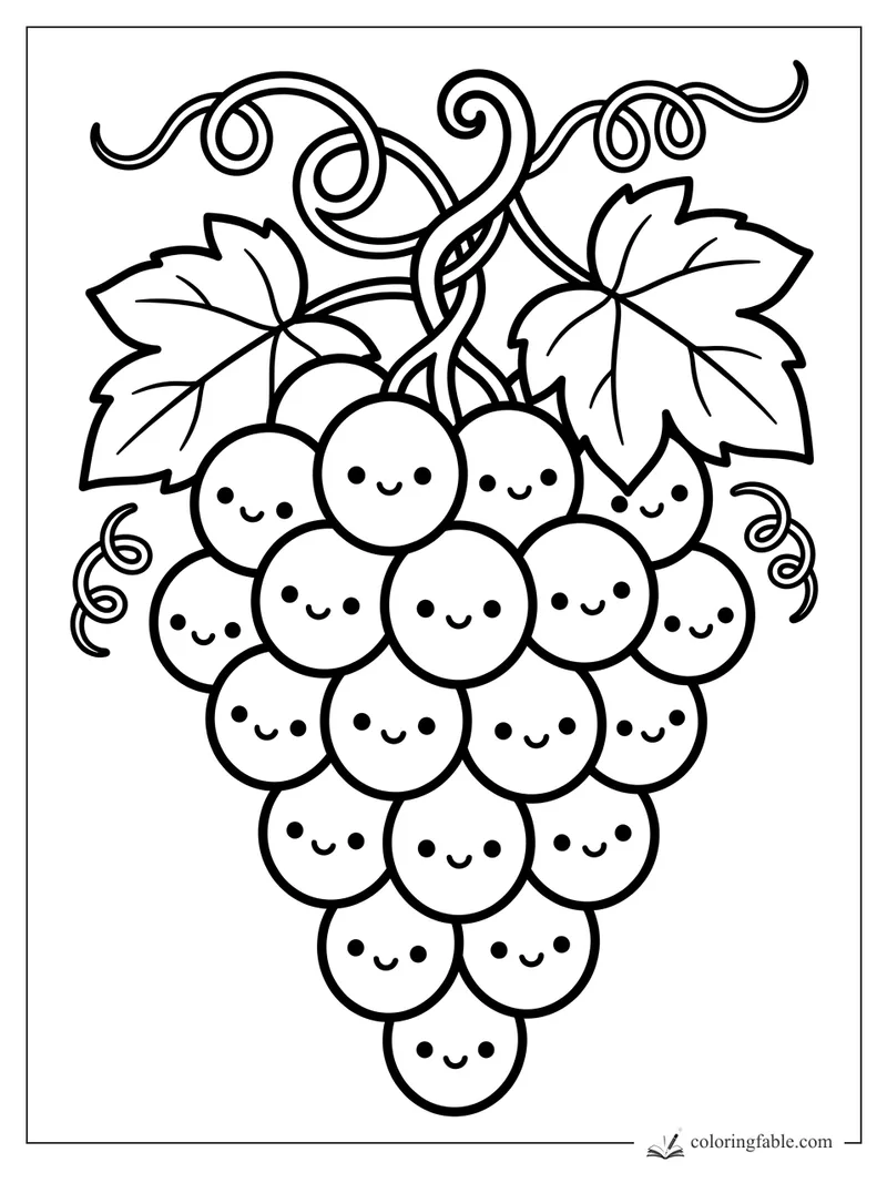 Kawaii grape bunch with smiling grapes, curly vines, and two large leaves coloring page