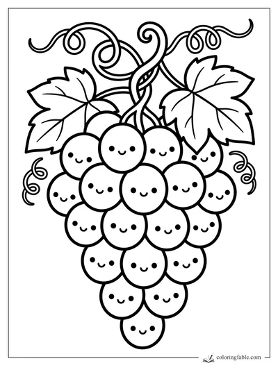 Kawaii grape bunch with smiling grapes, curly vines, and two large leaves coloring page