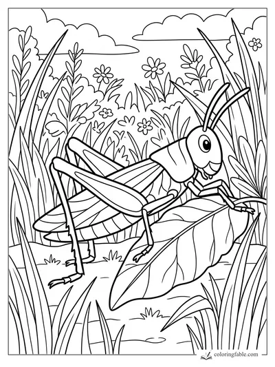 Cartoon grasshopper smiling on a leaf among tall grass, wildflowers, and clouds