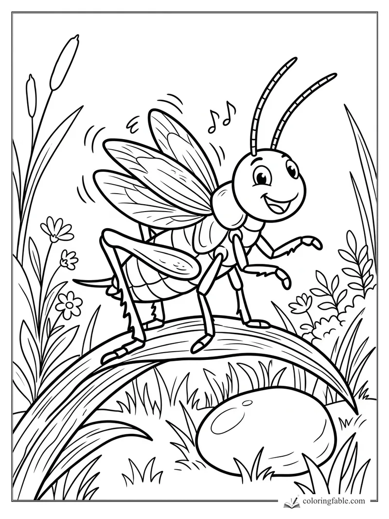 Cartoon grasshopper singing on a curved leaf among cattails, flowers, grass, and a smooth garden rock.