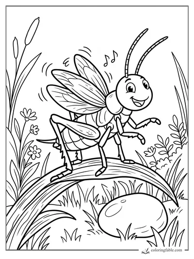 Cartoon grasshopper singing on a curved leaf among cattails, flowers, grass, and a smooth garden rock.