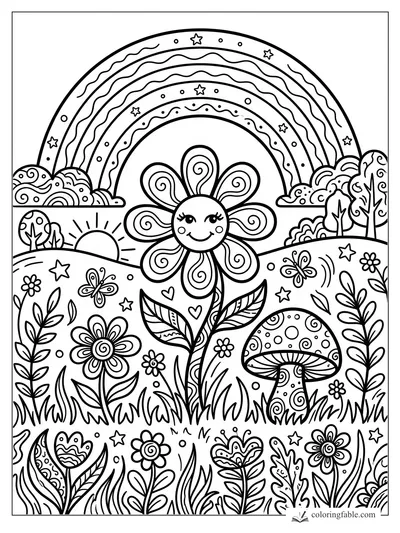 Boho-groovy daisy with spiral petals, rainbow, hills, butterflies, mushroom, sun, stars, and garden flowers.