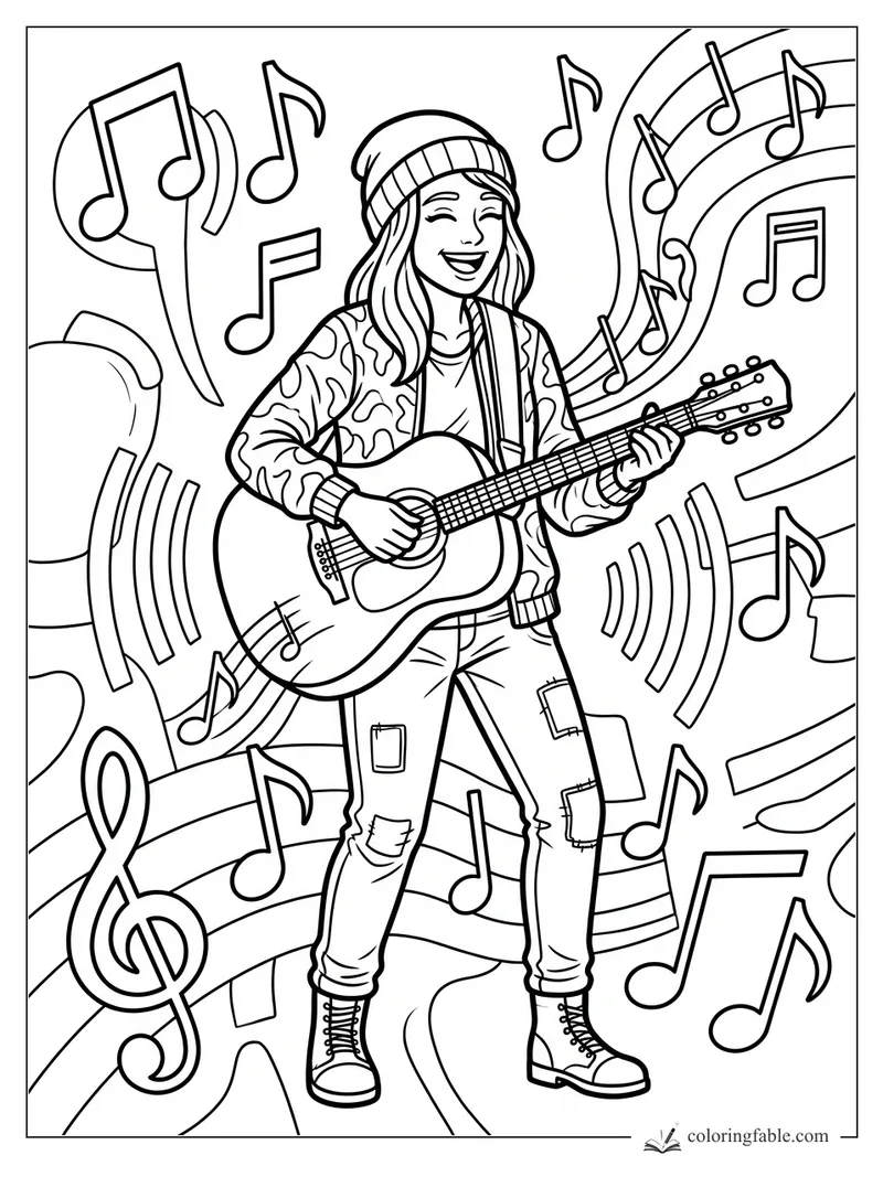 Smiling girl in a beanie playing guitar amid swirling music notes and sound waves