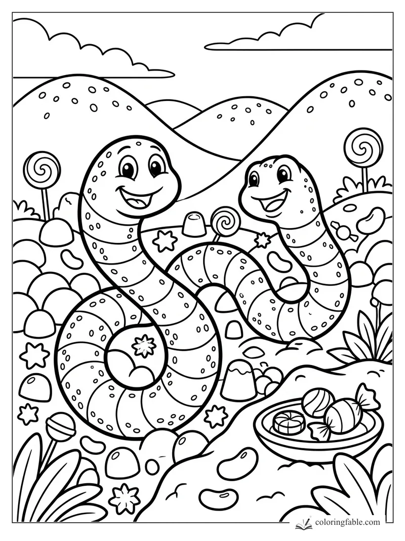 Two smiling gummy worms among lollipops, gumdrops, candy flowers, and sprinkled candy hills.