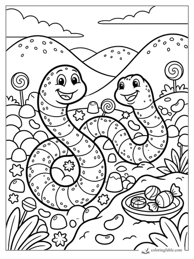 Two smiling gummy worms among lollipops, gumdrops, candy flowers, and sprinkled candy hills.