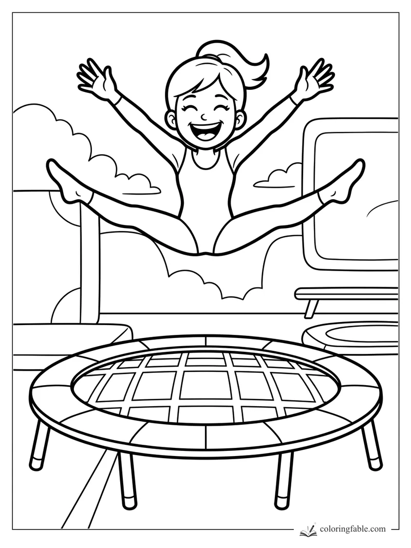 Cartoon gymnast doing a wide star jump above a round trampoline in a bright gym.