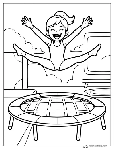 Cartoon gymnast doing a wide star jump above a round trampoline in a bright gym.