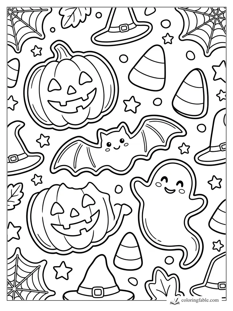 Cartoon Halloween cookie pattern with jack-o'-lanterns, a bat, ghost, candy corn, witch hats, webs, and stars.