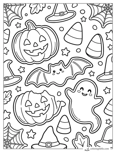 Cartoon Halloween cookie pattern with jack-o'-lanterns, a bat, ghost, candy corn, witch hats, webs, and stars.
