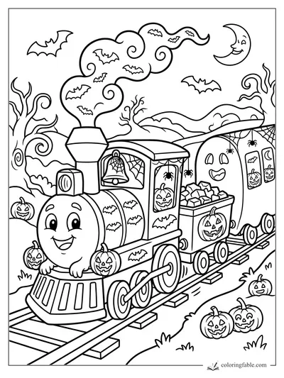 Cartoon Halloween train with pumpkins, bats, cobwebs, spooky trees, and a smiling crescent moon.