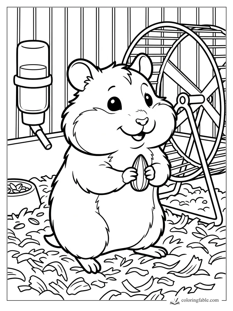 Cartoon hamster holding a sunflower seed beside a wheel, water bottle, food bowl, and bedding in its cage.
