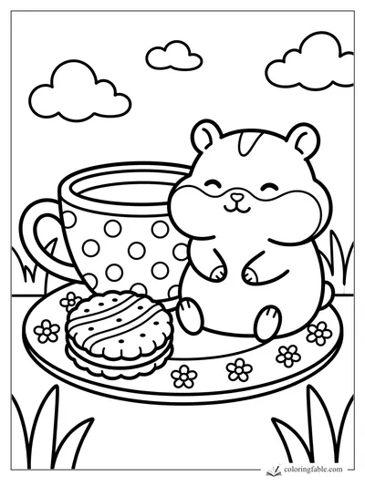 Smiling hamster beside a polka-dot teacup, cookie, flowers, clouds, and grass coloring page