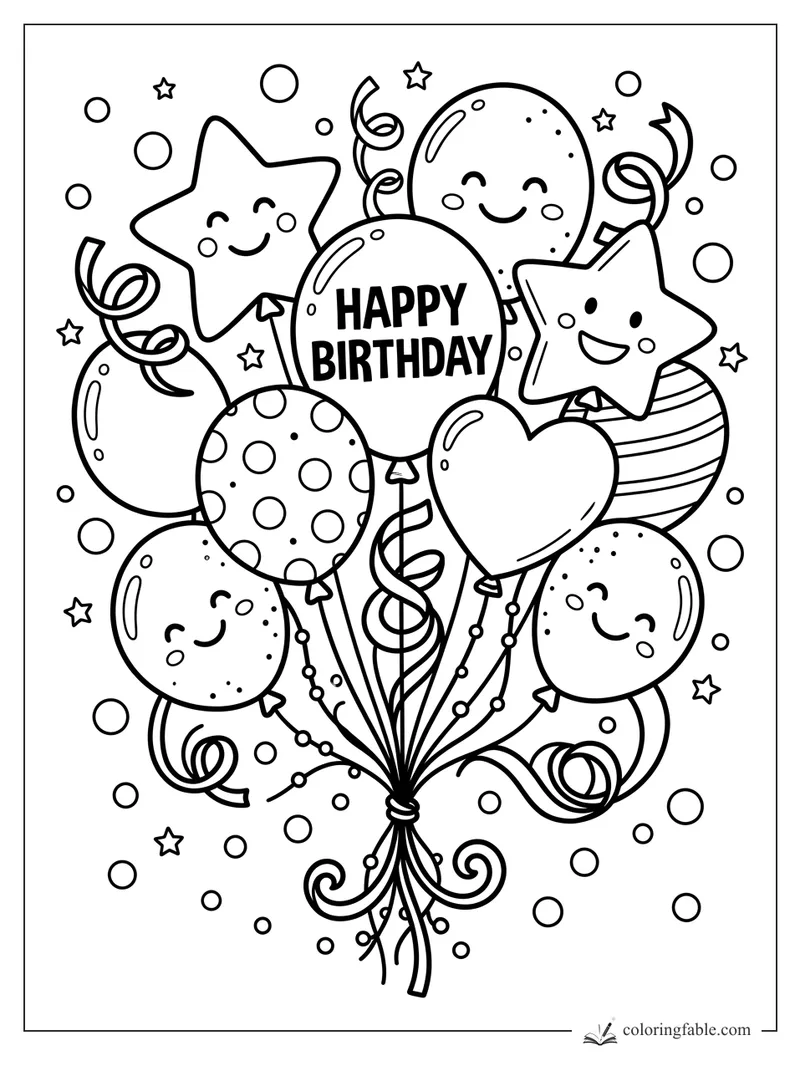 Bold birthday balloon bouquet with smiling stars, a heart balloon, streamers, and confetti circles
