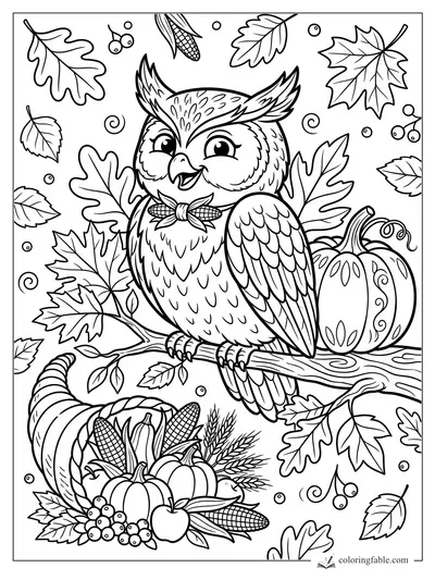 Cartoon owl on a branch with a corn bow, pumpkin, cornucopia, fall leaves, berries, and acorns.