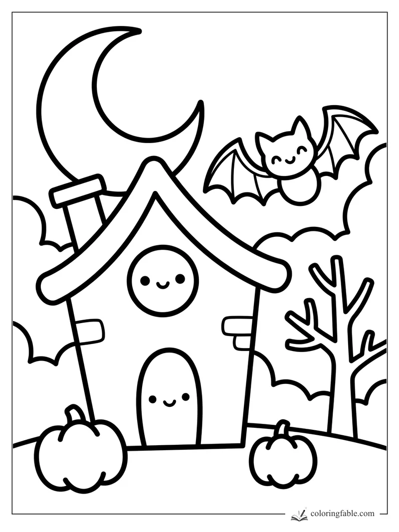 Easy haunted house coloring page with crescent moon, smiling bat, pumpkins, and bare tree.