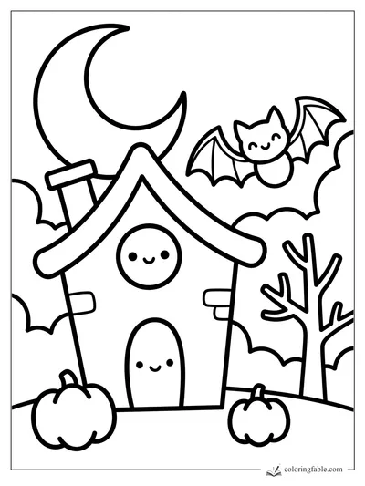 Easy haunted house coloring page with crescent moon, smiling bat, pumpkins, and bare tree.