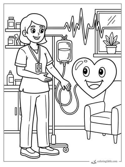 Nurse with stethoscope beside a smiling heart in a clinic chair and heartbeat line