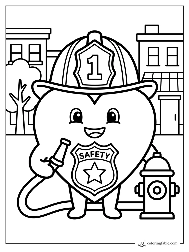 Easy coloring page of a smiling heart firefighter with helmet, safety badge, hose, hydrant, and city buildings.