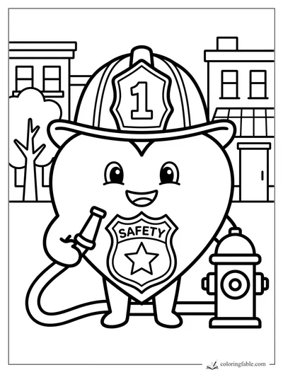 Easy coloring page of a smiling heart firefighter with helmet, safety badge, hose, hydrant, and city buildings.