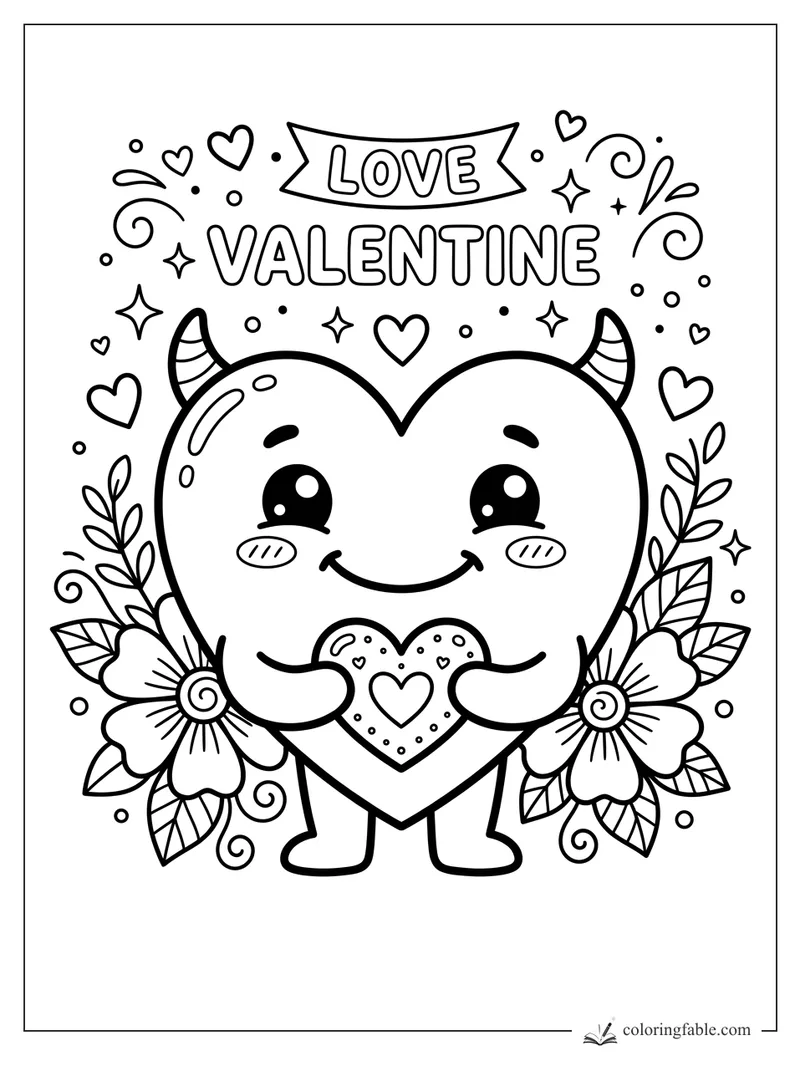 Kawaii heart monster holding a decorated heart under a Love Valentine banner with flowers and hearts