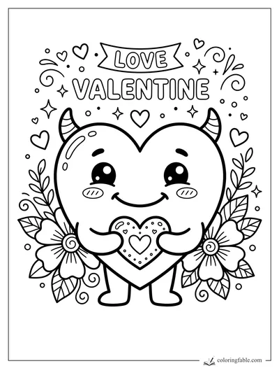 Kawaii heart monster holding a decorated heart under a Love Valentine banner with flowers and hearts