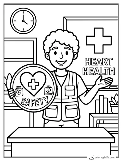 Smiling teacher holds a heart safety sign in a heart health classroom with clock, books, plants, and first aid cross.