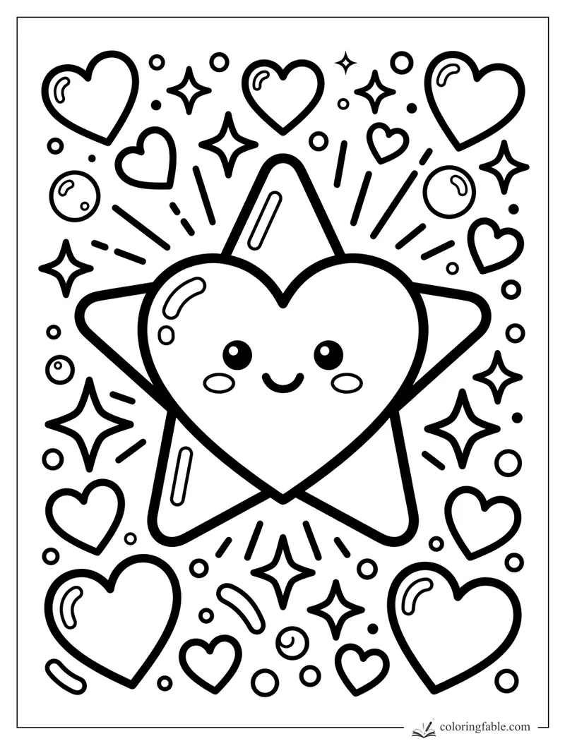 Kawaii heart star with a smiling face, surrounded by hearts, sparkles, dots, and sticker shine marks.