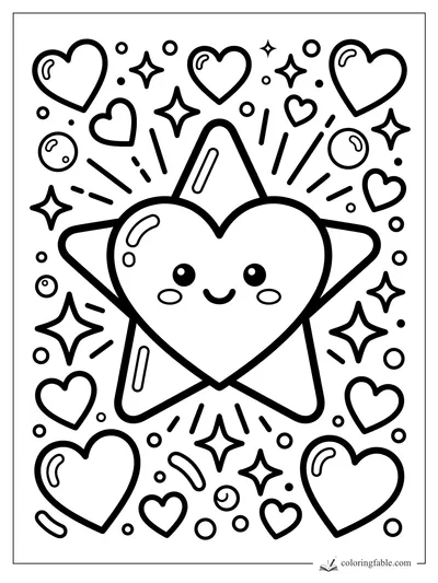 Kawaii heart star with a smiling face, surrounded by hearts, sparkles, dots, and sticker shine marks.