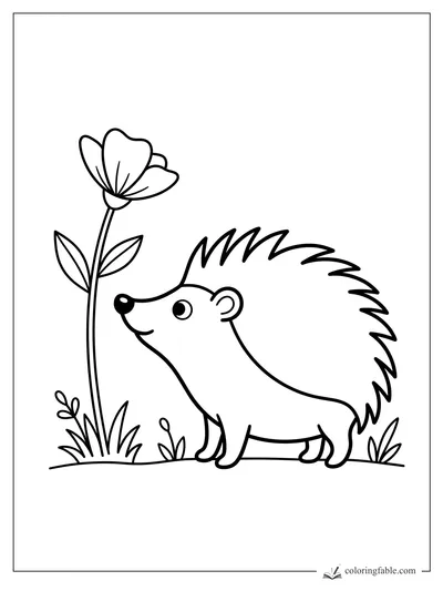 Easy hedgehog coloring page with a smiling hedgehog, tall flower, leaves, and tufts of grass.