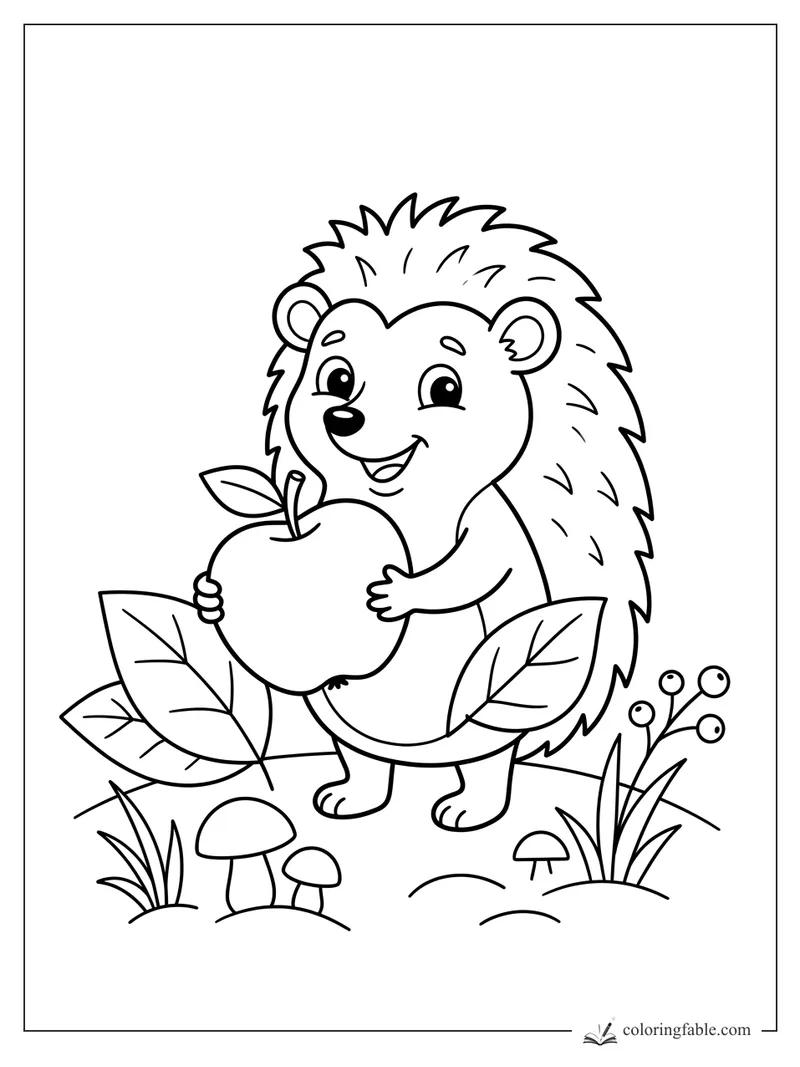 Cartoon hedgehog smiling with a big apple among leaves, mushrooms, grass, and berry stems.