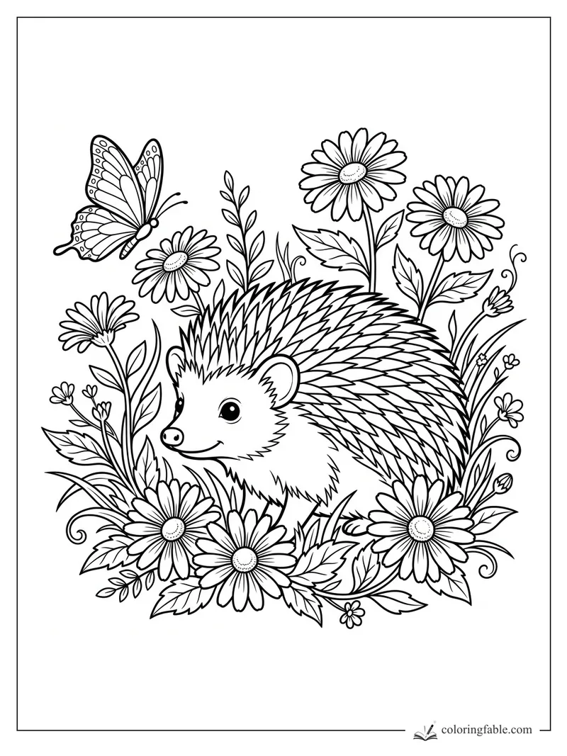 Floral hedgehog coloring page with daisies, leafy vines, and a butterfly above its nose