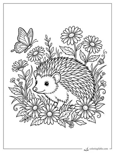 Floral hedgehog coloring page with daisies, leafy vines, and a butterfly above its nose